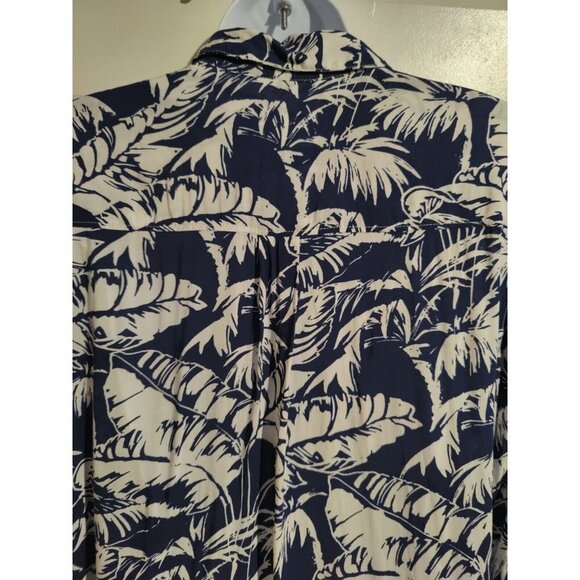 H&M LOGG Navy Blue White Tropical Leaf Print Button Up Shirt Dress Roll-Tab 6 - Picture 4 of 7